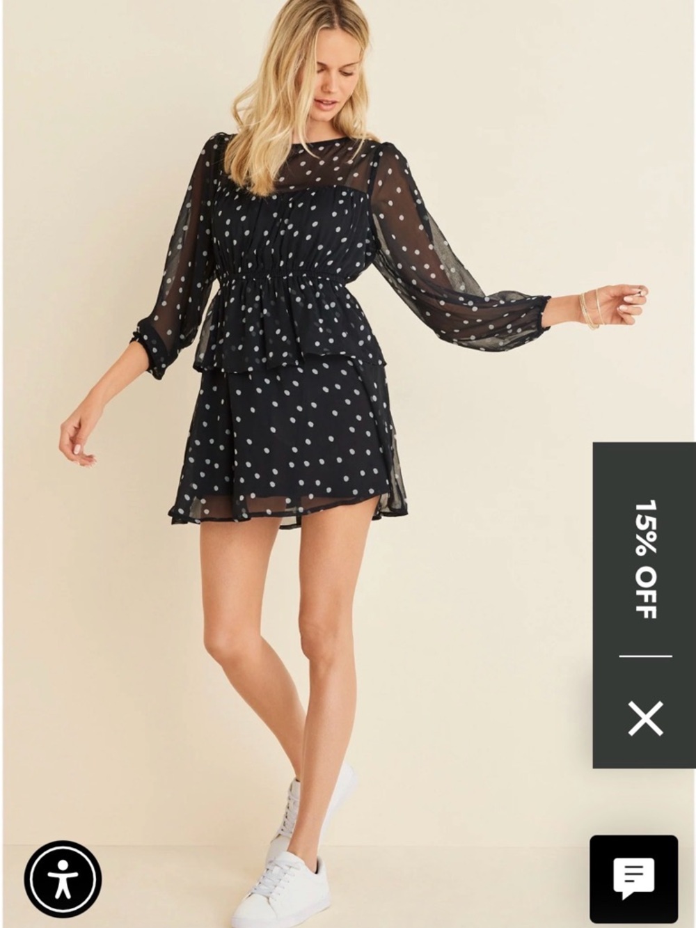 VENUS Black Polka Dot Long-Sleeve Peplum Mini Dress